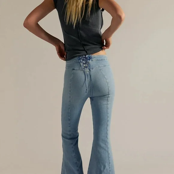 Jeans Free People Curvy High Rise Cropped Lace Up Dark Wash Stretch Waist Jeans - Picture 16 of 16